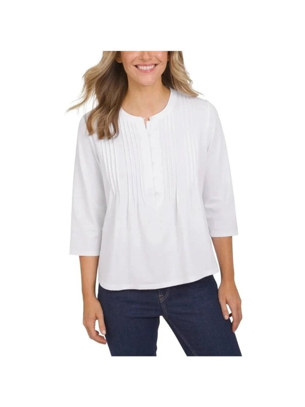Lands End Womens White Pintuck Button-Front Top Long Sleeves Size L